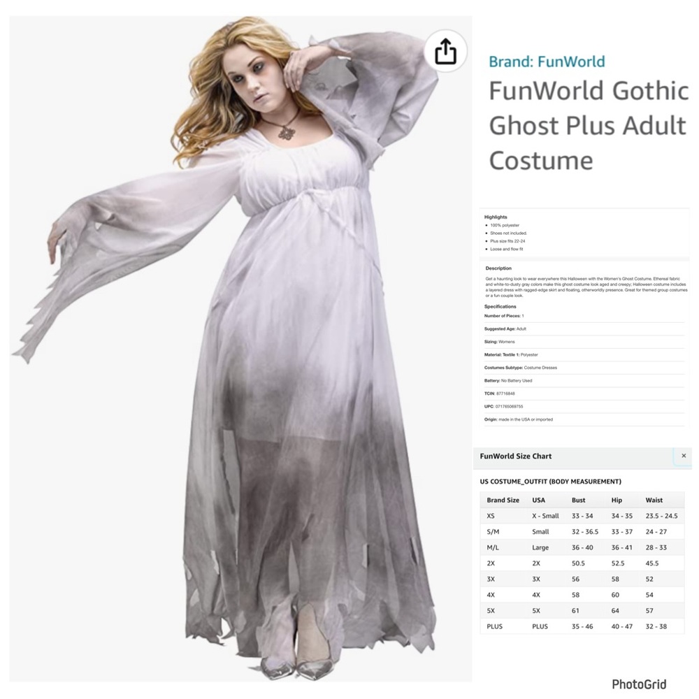 Gothic Ghost Plus Adult Costume - Gray